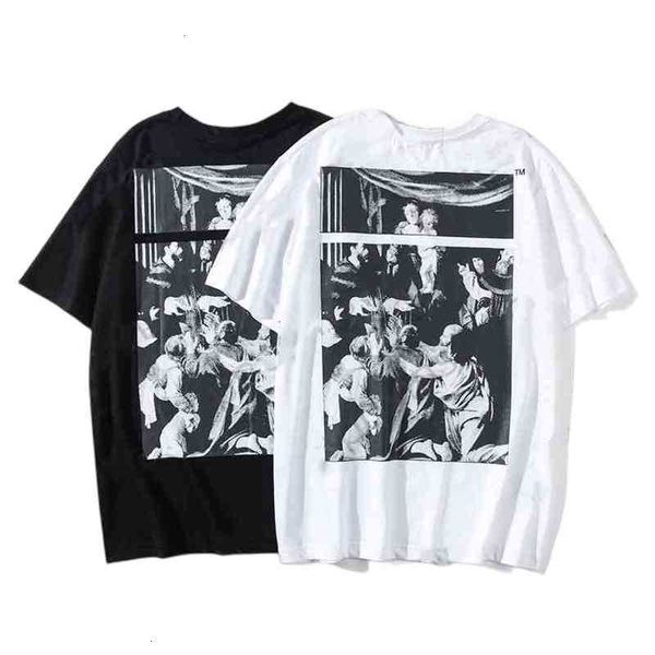 

fleece off men's t-shirts chao religious oil painting angel print crew neck short sleeve printed letter x on the back, Black