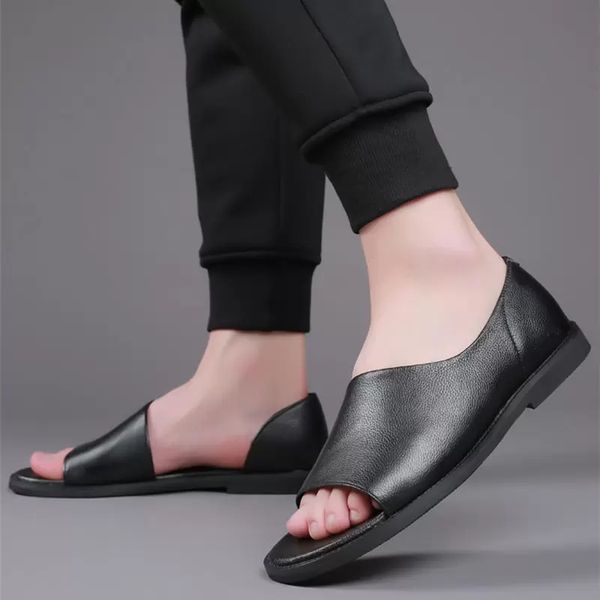

summer casual men sandals leather mens sandles outdoor breathable soft beach men shoes comfort slip on footwear, Black
