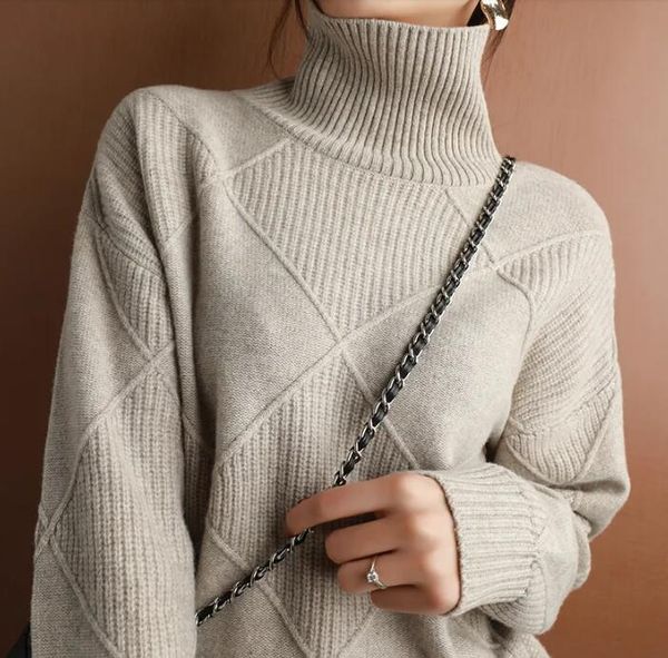 

women's sweaters 2023 autumn and winter pullover sweater thickened warmth fashion large size knitted wool high collar, White;black