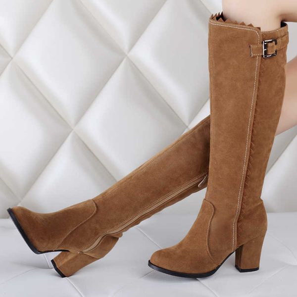 

boots faxu suede knee high boots women shoes fashion long tall boot female block high heels flock brown autumn winter shoes large size j2209, Black