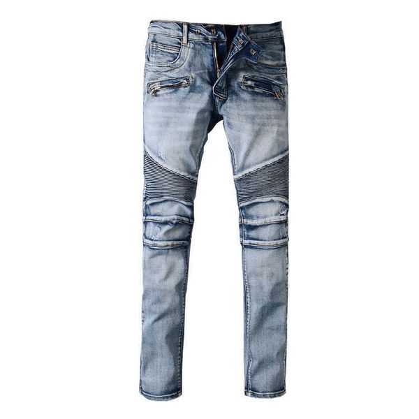 

designer ripped y2k men mens fashion worn multi pocket jeans slim leggings motorcycle pants 957 skinny low waist scratch cross mid purple, Blue