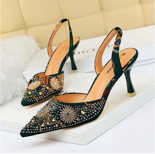 

pointed toe flower rhinestone back strap sandals woman fashion metal rivet 7cm high heels women pumps shallow party dress shoes, Black