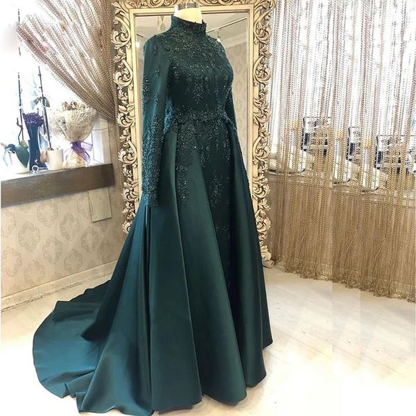 

emerald green evening dresses muslim formal gown detachable train saudi arabia beaded long sleeve prom occasion dress, Black