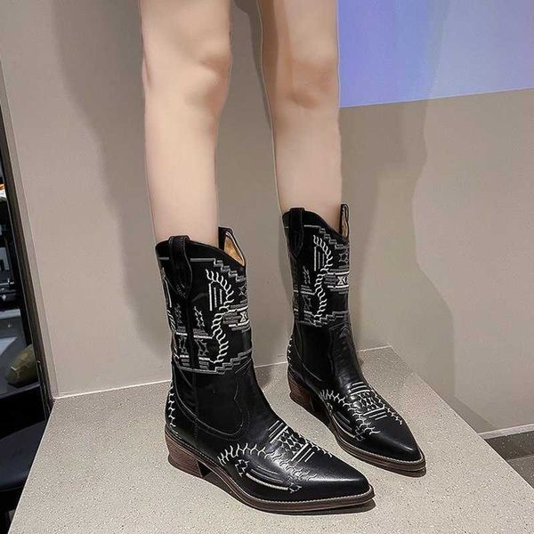 

boots 2022 embroider women heels retro knight female genuine botas western cowboy sale y2210, Black