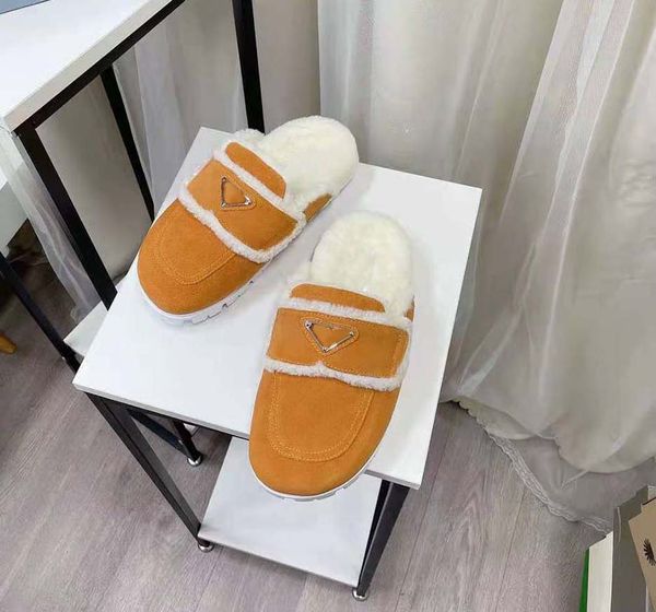 

winter slipper snow shoes women warm wool flats triangle-logo shearling slippers brown black suede slipper luxury brand designer with box