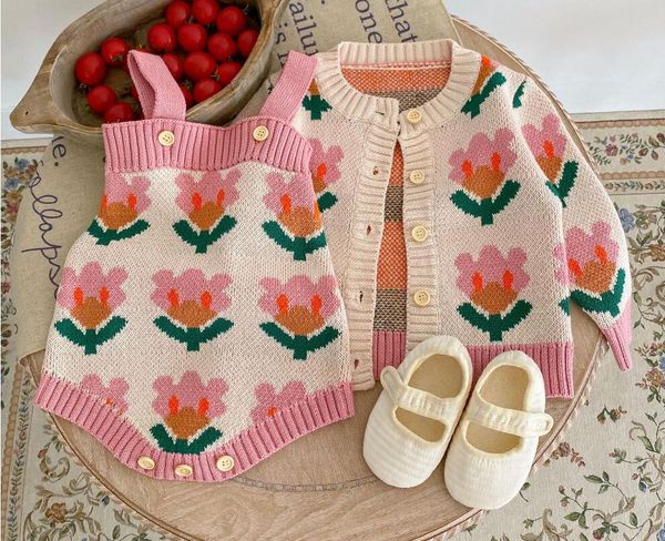 

3m-2t ins baby girls cardigan with flower knitted sweater and romper 100% cotton boutique for girl spring fall clothing 86073, Blue