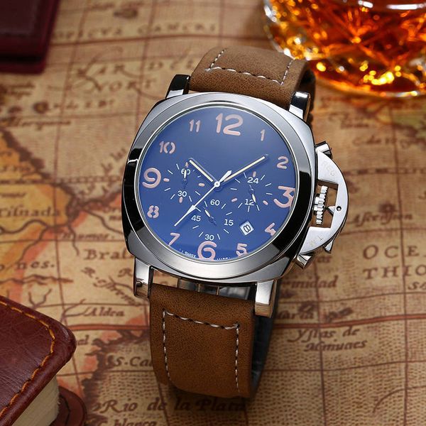 

2022 men's luxury quartz watch leisure fashion multi-function time luminous calendar belt watches, Slivery;brown