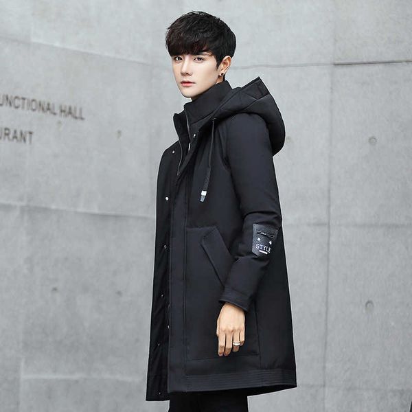 

fine white duck down men's winter long windproof placket hooded jacket, Black