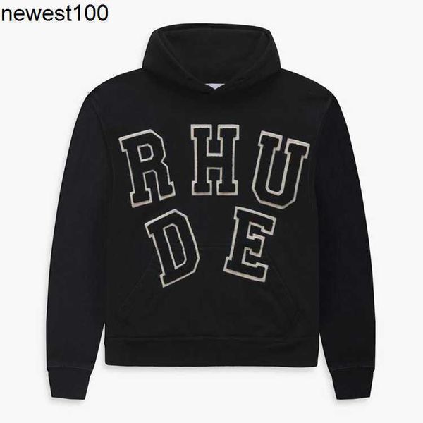 

men's hoodies designer sweatshirts men's s rhude embroidered flocking letter loose trend terry hoodie men, Black