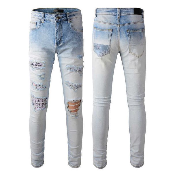 

y2k jeans mens designer ripped high street fashion brand blue broken patch beggar pants elastic leggings slim 860 skinny low waist scratch