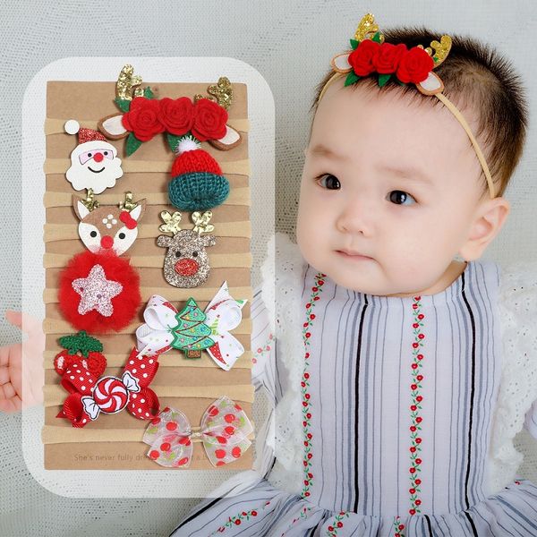 

10pcs cute bow christmas headband antlers traceless stretch elastic hairbands kids santa claus hairband xmas headwear girls hair accessories, Slivery;white