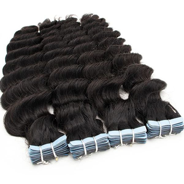 

tape in hair extensions indian human hair 2.5g/pc 40pcs/100g deep wave 16-24inch any color, Black