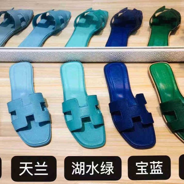 

slippers herme shoes designer h slides family women's summer 2022 versatile leather one line bottomed beach sanda have a logo, Black