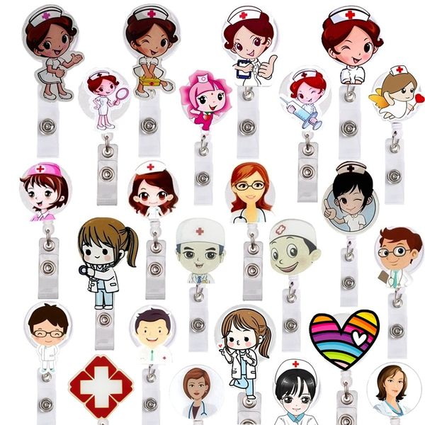 

key rings lovely retractable doctor nurse cartoon heart plastic hospital medical badge reel brooch keychain clips name card holders smtir, Slivery;golden