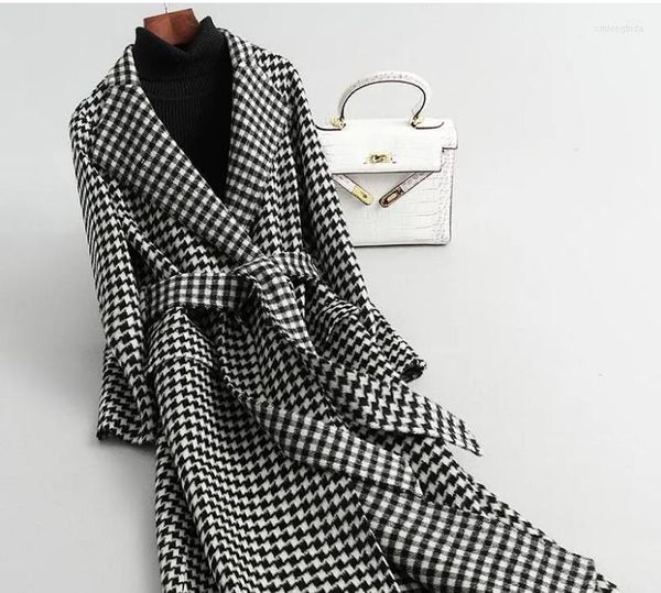 

women's wool women long plaid woolen coat 2022 arrivals houndstooth waistband coats, Black
