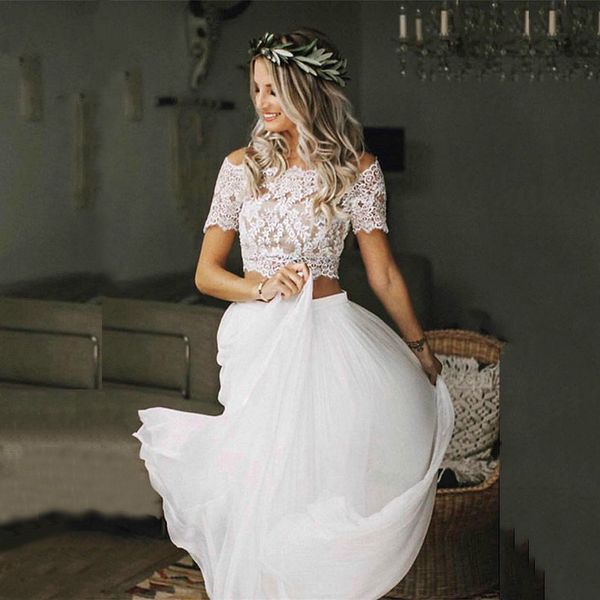 

charming boho two pieces bridal wedding gowns lace short sleeves bateau neckline wedding dresses for bride, White