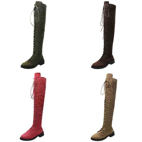 

boots women lace up thigh high long boots women over the knee boots woman flock ladies round toe low heels female solid shoes big size 22091, Black