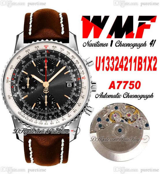 

wmf u13324211b1x2 eta a7750 automatic chronograph mens watch two tone rose gold black white dial brown leahter strap with white line super e, Slivery;brown