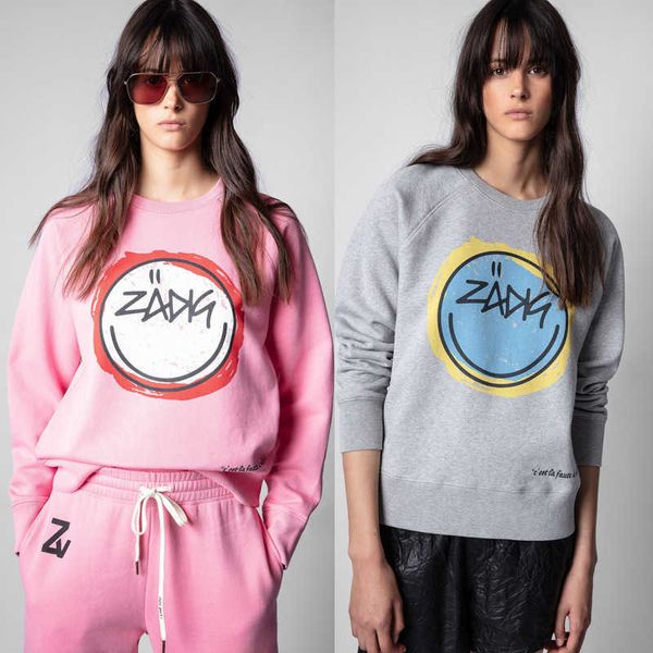 

zv designer sweatshirt letter smiling face upper happy printed fleece sweater pullover hoodie, Black