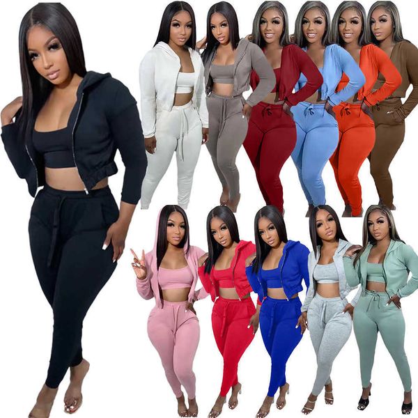 

women tracksuits three piece pants set active fall and winter clothes crop hoodie sweatpant outfits sweatsuits, Gray