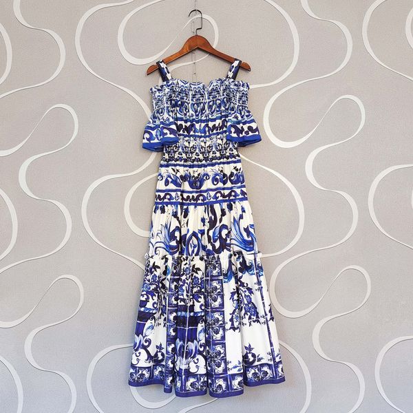 

d2022g women's summer new fashion dress blue and white porcelain grade brand logo print dress bohemian wedding dress party dresses birt, White;black