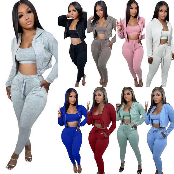 

women tracksuits three piece pants set active fall and winter clothes crop zipper hoodie outfits sweatsuits, Gray