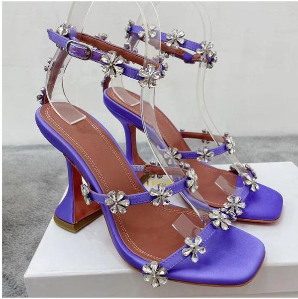 

women 's slippers sandals dress shoes high heels flower high-heeled satin silky crystal decoration wine glass heel loop luxury designer, Black