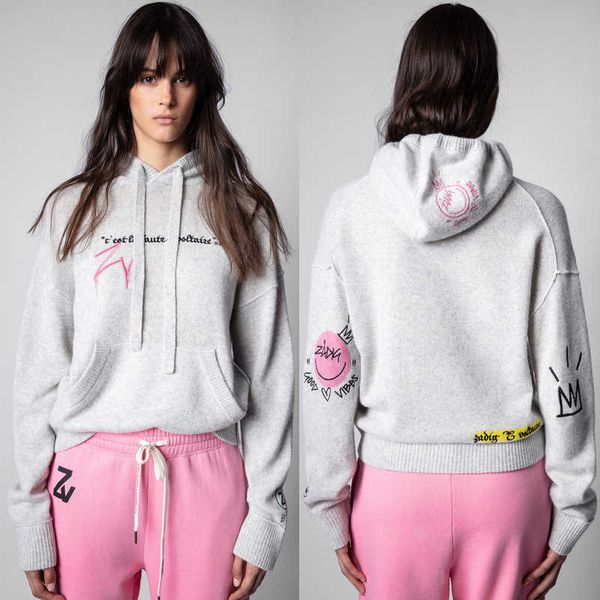 

zv women cashmere knitted hoodie letter smiley face embroidery cashmere hooded sweater knitwear, White