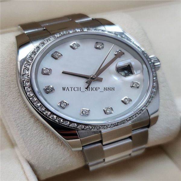 

brand a brand-new watch 36 mm stainless steel white custom mop dial diamond bezel mechanical automatic women ladies wristwatch, Slivery;brown