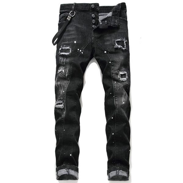 

unique mens distressed ripped blue skinny jeans fashion designer slim fit washed motocycle denim pants panelled hip hop biker trou218h