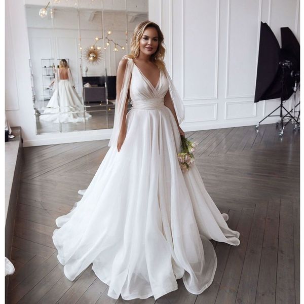 

eightale beach wedding dresses v-neck pleats organza a-line wedding gown plus size princess bride dress vestido de noiva, White