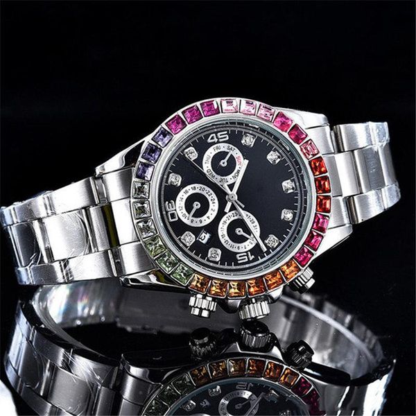 

mens designer black watch luxury fashion rainbow di automatic quartz movement watches 904l stainless steel strap classic three eyes six need, Slivery;brown