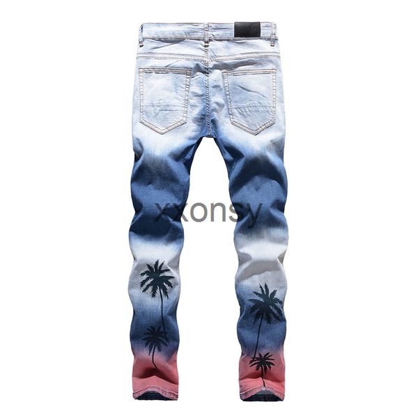 

unique mens distressed printed slim fit jeans fashion designer spring summer light blue biker denim pants big size motocycle trousers dy1808