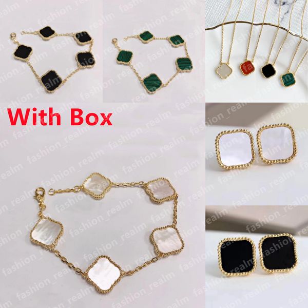 

four leaf clover bracelet designer jewelry set link chain clover necklace stud earrings gold silver mother of pearl green red flower charm b, Golden;silver