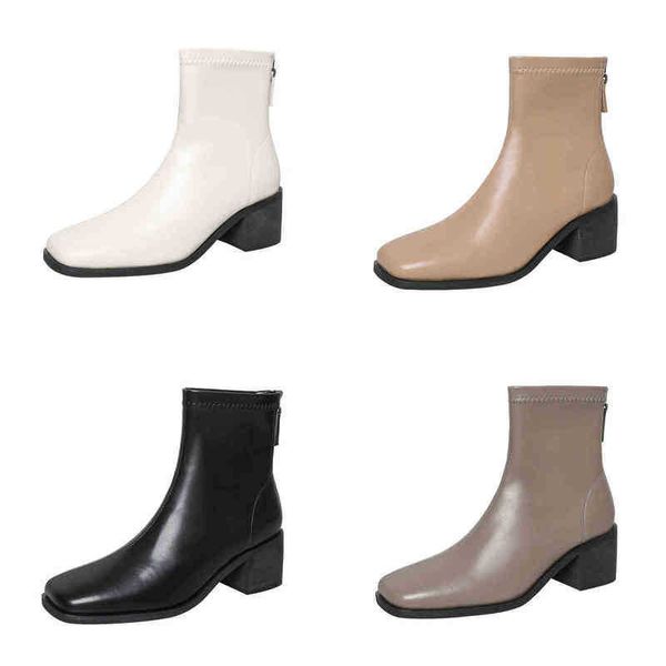 

boots new thin boots women's retro autumn and winter new milk white all match square toe thick heel back zipper short boots 220913, Black
