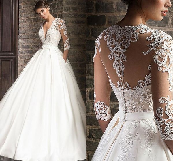 

elegant lace wedding dress vestido de novia 2023 half sleeves v-neck bride gowns sweep train pockets customize robe de mariee, White