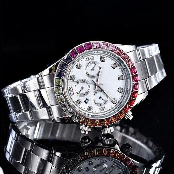 

mens watch fashion rainbow automatic quartz movement watches designer white three eyes six needle design chronograph multi-function classic, Slivery;brown