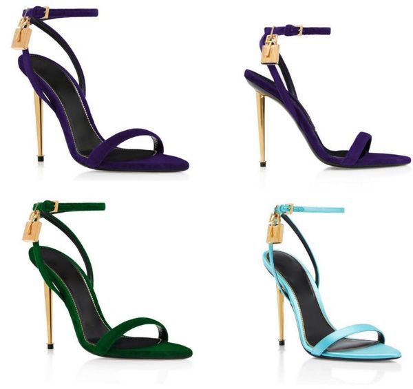 

luxury designers dress satin padlock pointy naked sandal sandal thin high heel women real leather narrow band metal lock decor sandalias sum, Black