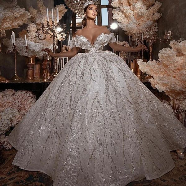 

princess ball gown wedding dresses appliques v neck sleeveless off shoulder sparkling sequins beads lace ruffles floor length sparkling brid, White