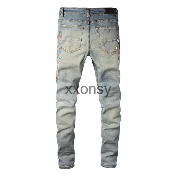 

mens designer skinny rip denim jeans for man slim black biker paint splatter jeans straight hip hop stretch distressed motorcycle patch rock, Blue
