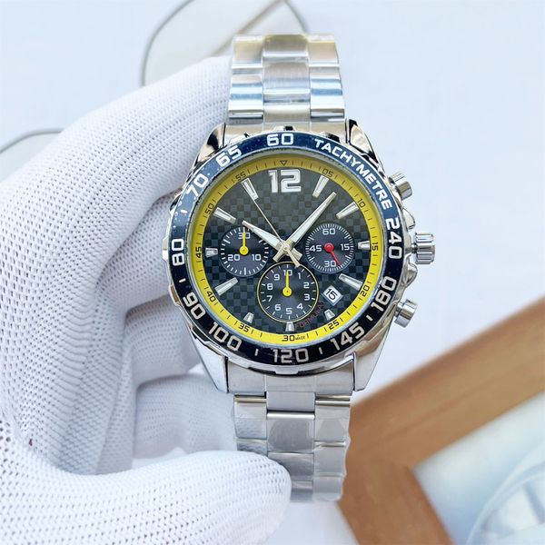 

mens fashion quartz movement watches designer 41mm daily life waterproof yellow watchband three eyes 6-pin multi-function time yellow wristw, Slivery;brown