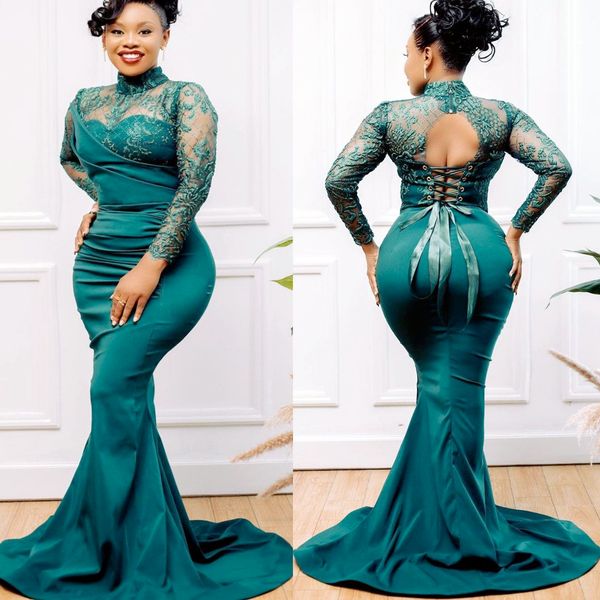 

aso ebi lace stain mermaid prom dresses long sleeves hunter green african evening second reception birthday engagement dress, Black