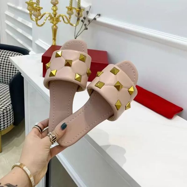 

shoes designer roman stud slide sandal women 65mm high heels nappa rivet flat slippers ladies wedding summer valentinoes valentinoity ynu, Black