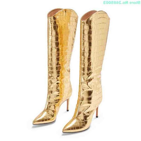 

Heels Boots Autume Boots Shoes Golden Stone Pattern Pointed Stiletto Slip On Pointed Toe Knee High Party Dress Winter, As pic