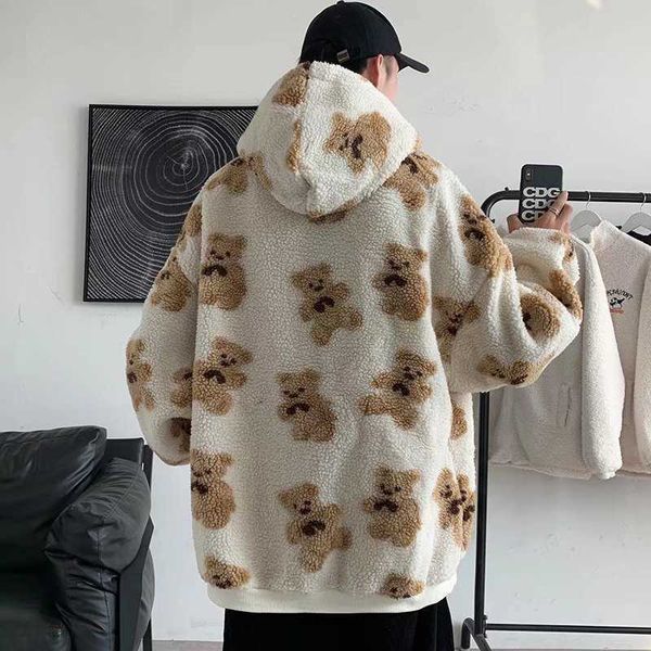 

lamb wool men's fashion ins loose full cartoon winter coat, Black
