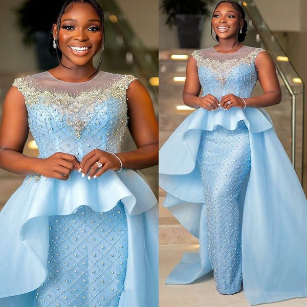 

light blue mermaid evening dresses sleeveless designer 2023 crystals beaded floor length tiered custom made formal occasion wear arabic prom, Black;red