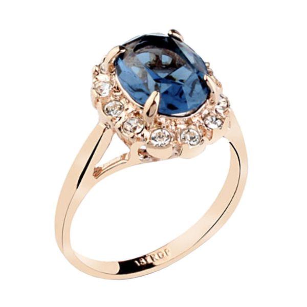 

solitaire ring rose gold plated oval shaped gem style with sapphire blue element crystal and clear round cubic zirconia fashion jewe am7nm, Golden;silver