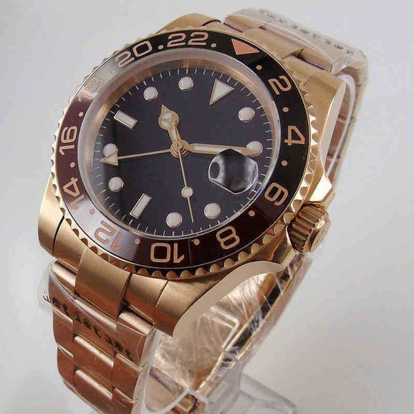 

40mm black dial sapphire glass date ceramic bezel gmt see-through backautomatic movement men's watch vy4k, Slivery;brown