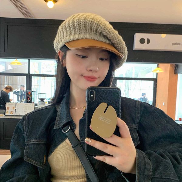 

vintage beret women's autumn winter japanese splicing knitted cap ins face small knitted warm female painter peaked hat, Blue;gray