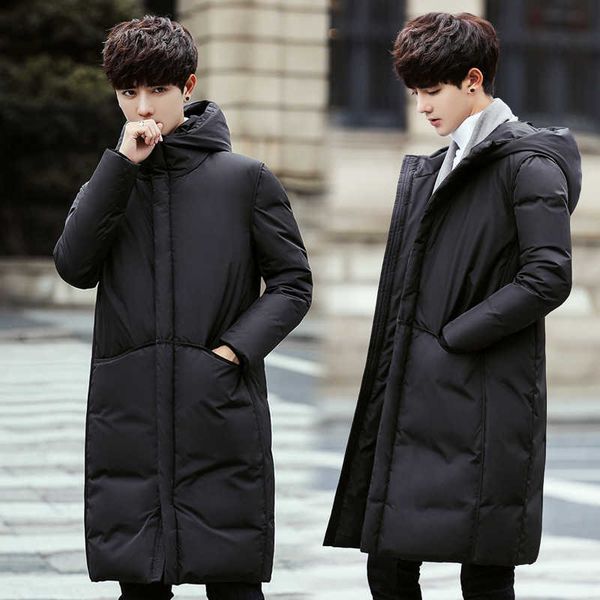 

medium length thickened for male hooded men's coat trendy down jacket, Black
